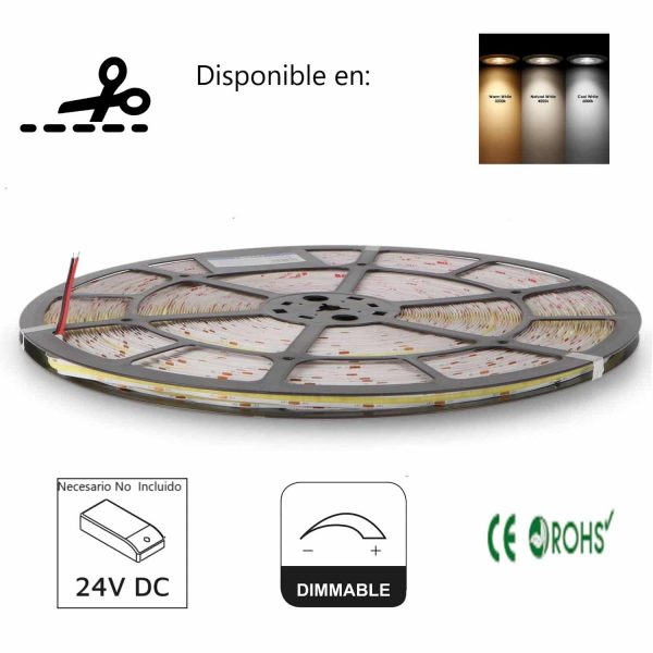 Tira de Led 10W a 24V DC Cob Led Ip44 240/ML IP44 1080LM/ML Corte 10mm